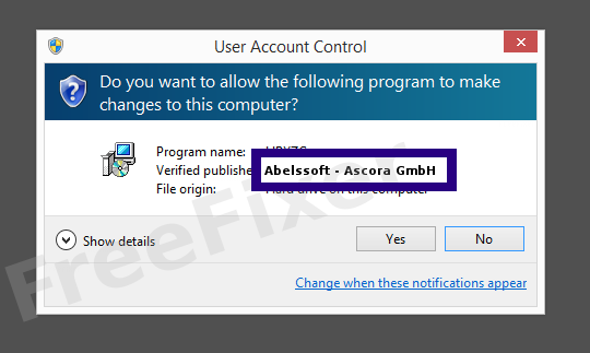 Screenshot where Abelssoft - Ascora GmbH appears as the verified publisher in the UAC dialog